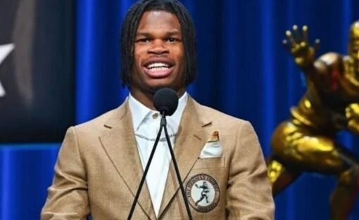 Colorado Buffaloes cornerback Travis Hunter, the 2024 Heisman Trophy recipient, wears a custom blazer designed by Mitch Purgason. Courtesy of Mitch Purgason.