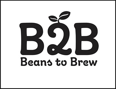 Logo with text B2B Beans to Brew, featuring a sprouting plant above the number 2.